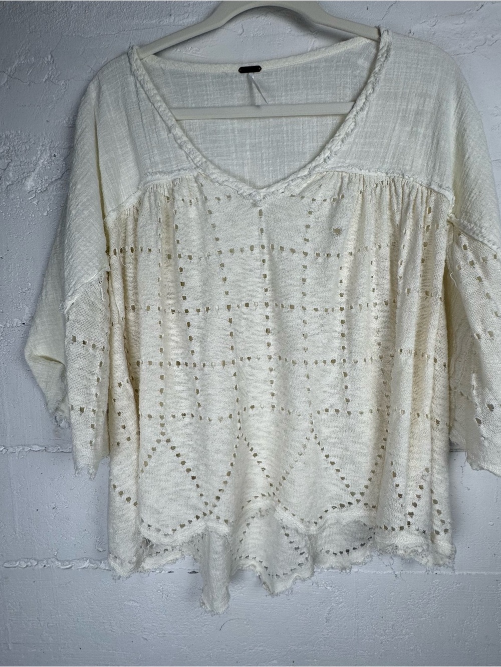 Free People Summer Lovin Top Blouse Linen Blend Frayed Trim M Raw Hem Distressed